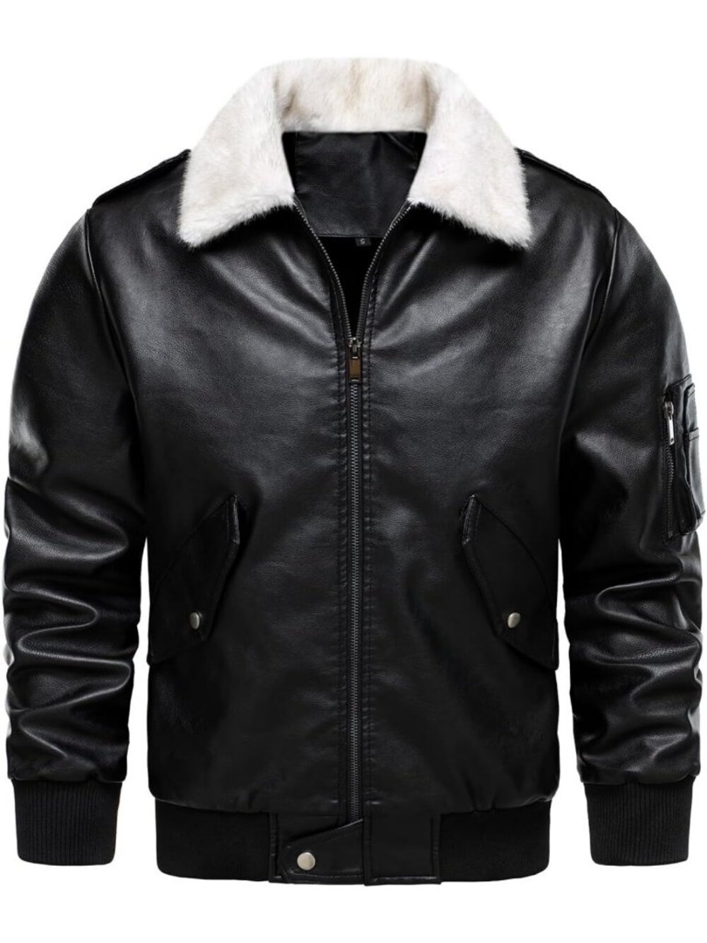 Men's Faux Leather Aviator Bomber Jacket with Fur Collar, Warm Fleece Lined